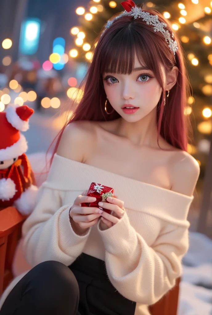   the night of Christmas Eve 、extremely realistic,  hyper realism ,  super real , (masterpiece,  Sophisticated eyes with attention to detail   : 1.2), (cute), の少女、 She's a girl with smooth, shiny black-pink hair.,age 15ristmas Decorations at Night at the Park When Snow Pours and Pile Up、(  stand with a Christmas present in her hand),  red ribbon in the hair、The hair length is shoulder length ,   In contrast to her very pale skin  .  your eyes are deep blue  ,  plump, Shiny pink lips . Her gaze is sharp 、 she has a clear face ,   She's a girl with a beautiful face and sharp expression   ,  off-shoulder、 white mini sweatshirt dress 、 black tights,  Black High Heels  ,