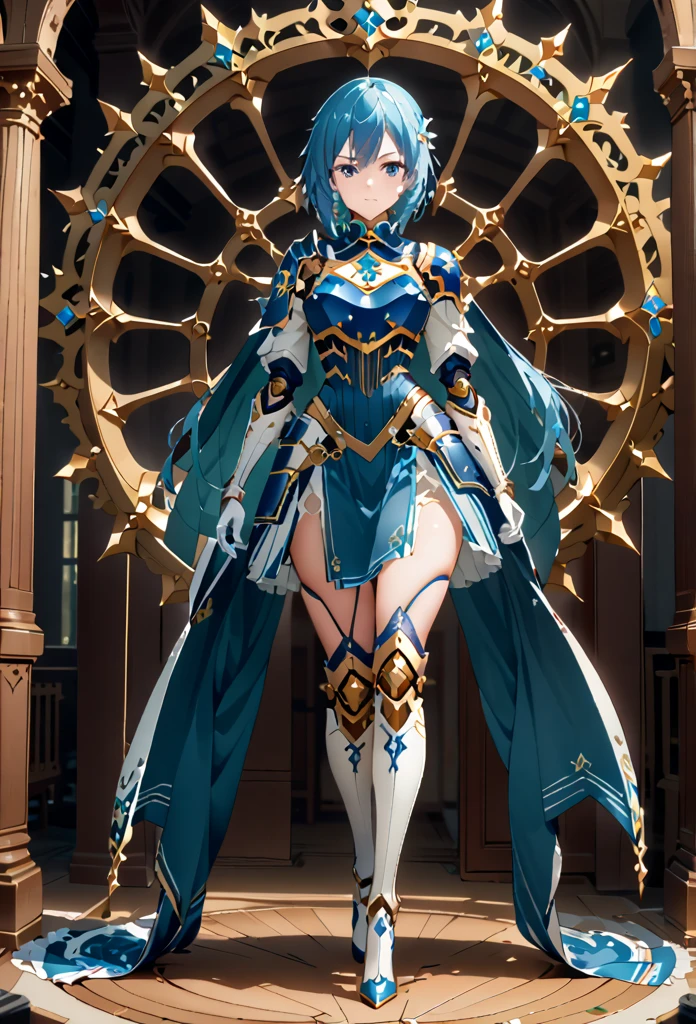    1 girl, shino asada,     short hair, bangs,     blue eyes,    hair accessories  ,  Hair between the eyebrows,     blue hair,    side lock, Vertical pupil ,  gloves,     Long Sleeve    , white  gloves, 光り輝く青いarmor, shoulder armor, breastplate, 鏡面の様に反射する輝く青いarmor,, arms, Focus on women, Cape, armor,    Android    、Handguard,     waist wrap skirt    , breastplate, full armor，  Knee High Heels   ,    Robot joint  、   Anatomically Accurate Mechanical Body 　(((masterpiece)))，((    intricate details ))　(8k)、        full body shot     、 Open the clothes