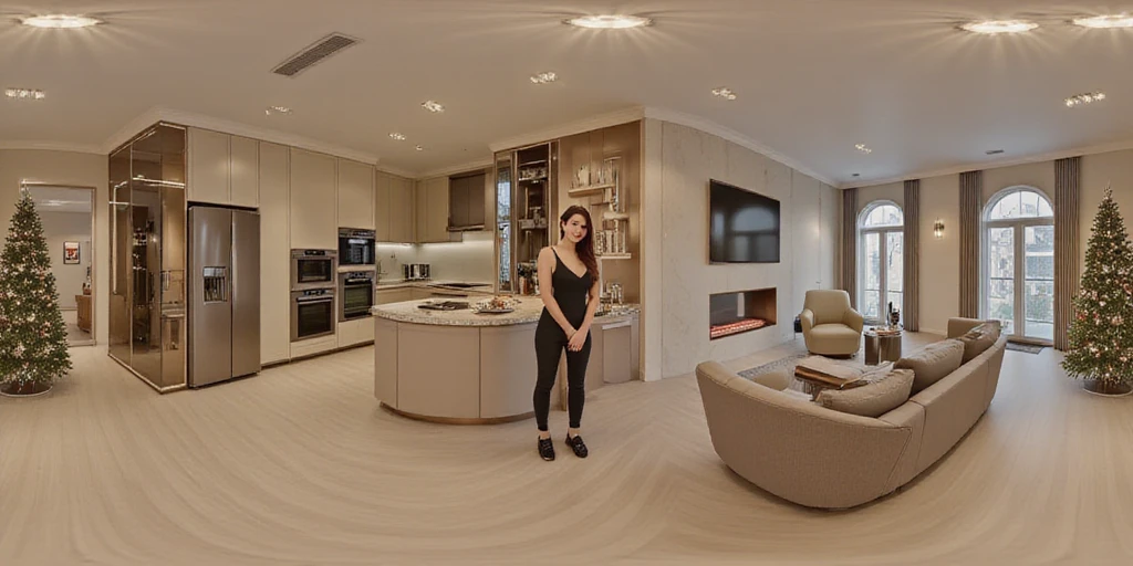 HDRI panoramic view of TOK, lisamy, a woman in a modern kitchen, chrismas tree, modern livimg room