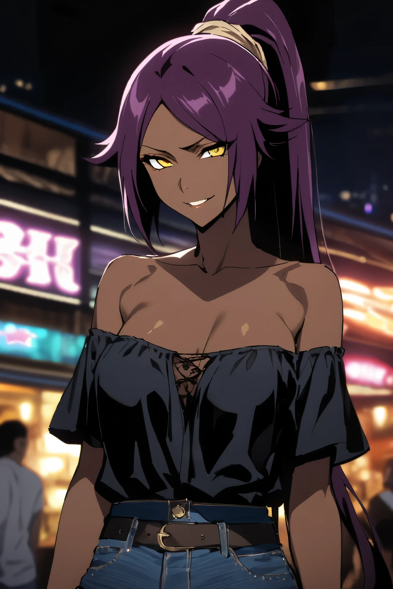 NSFW,masterpiece, top quality , High Definition , very detailed,Yoruichi Shihouin\(BLEACH\), long hair、 yellow eyes、 ponytail、Purple Hair、 dark skin 、 dark skin の女性, off-shoulder, Denim Shorts,belt, Casual ,Bad Smile,Nightlife