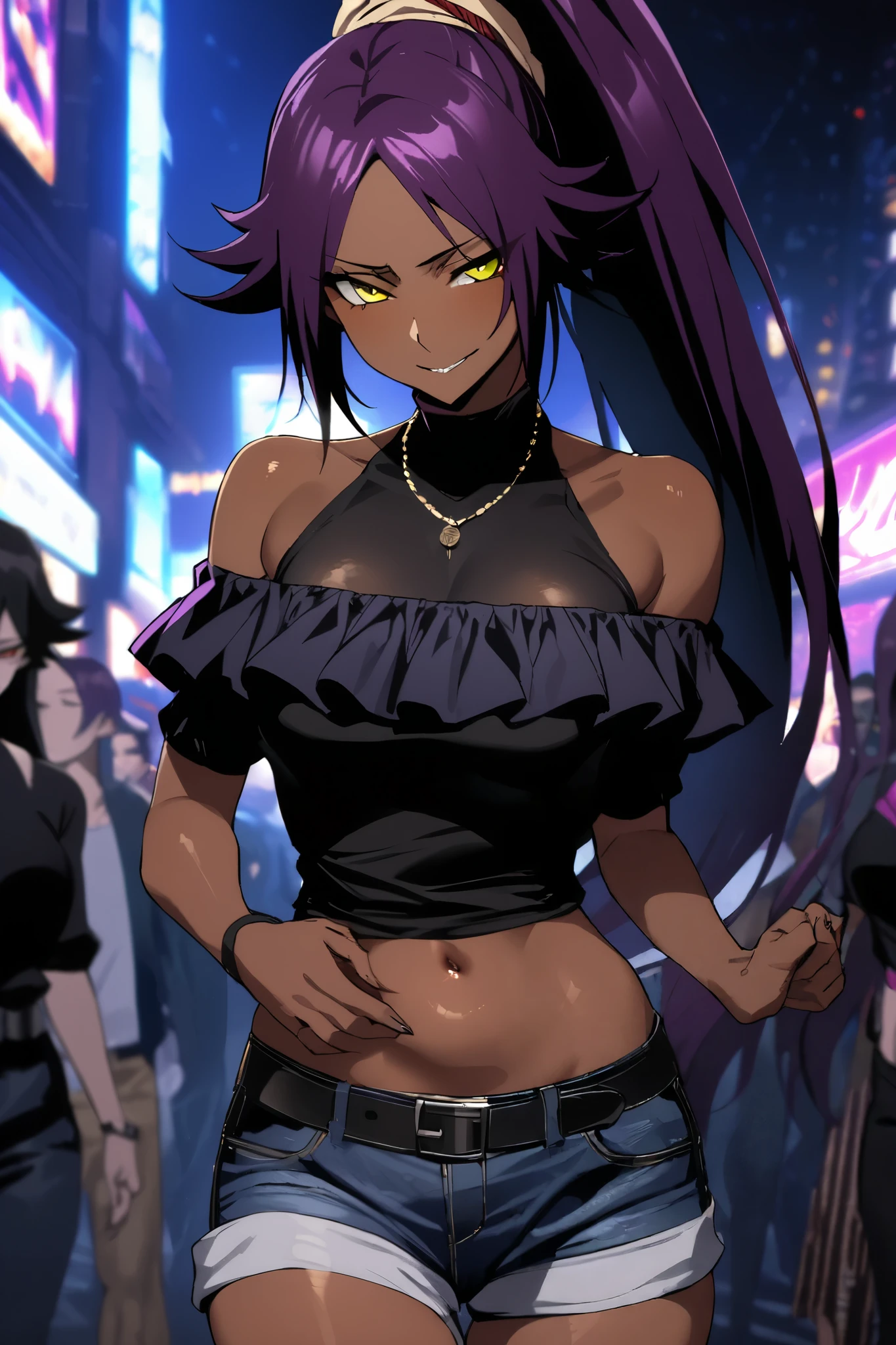 NSFW,masterpiece, top quality , High Definition , very detailed,Yoruichi Shihouin\(BLEACH\), long hair、 yellow eyes、 ponytail、Purple Hair、 dark skin 、 dark skin の女性, off-shoulder, Denim Shorts,belt, Casual ,Bad Smile,Nightlife