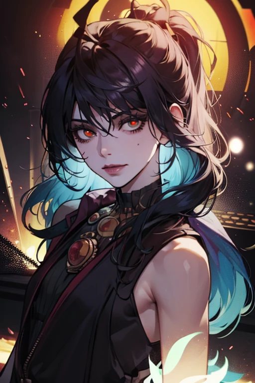 anime girl with black hair and necklace standing in front of a fire, artwork in the style of guweiz, guweiz, anime style 4 k, inspired by Yanjun Cheng, by Yang J, detailed digital anime art, anime styled digital art, a beautiful artwork illustration, digital anime illustration, digital anime art, guweiz on artstation pixiv