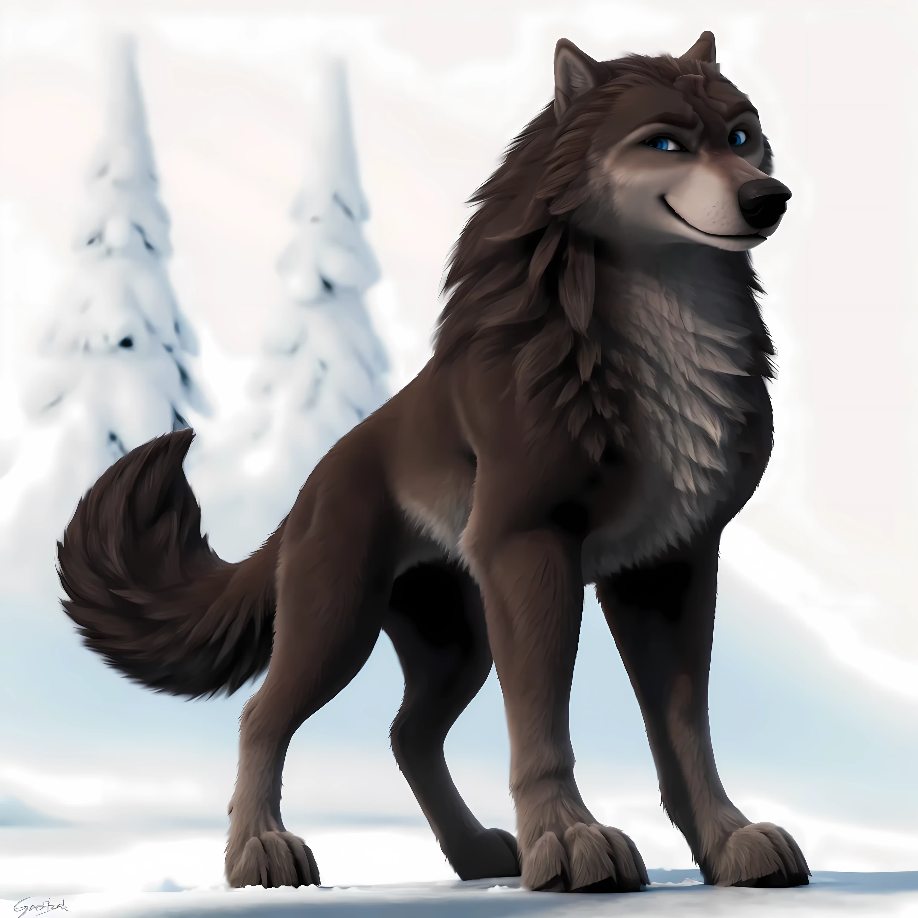 Garth, detailed fur, male, feral, feral body, simple background, white background, standing on snow, posing, confident, raised head, subtle smile, proud, wolf, full body, muscular, strong body, detailed eyes, solo, looking at viewer,