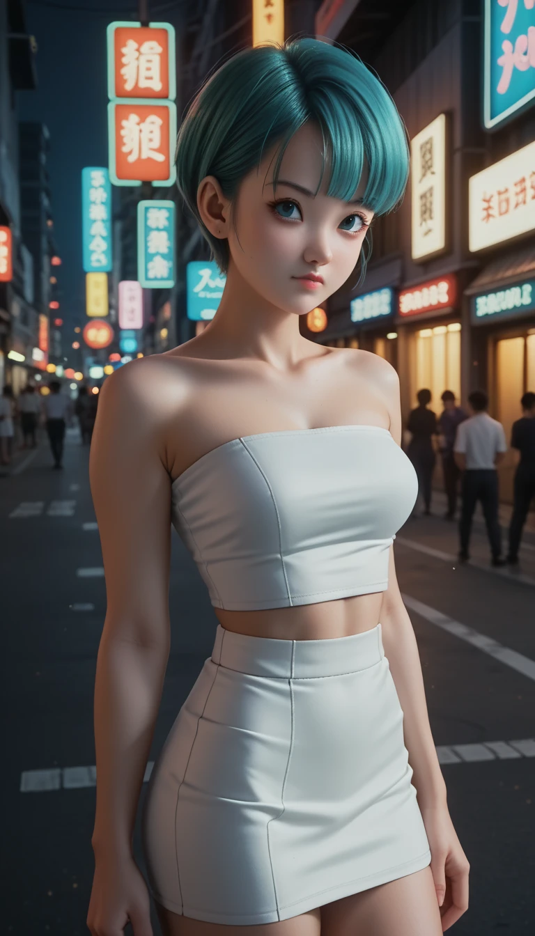  ,     a beautiful -yeld Jaese girl  ,               medium breasts, with healthy appearance ,  The expression would be       ,     tight clothes  , Bold poses ,                 detailed embroidery                ,            high quality, 8k,                 photorealistic              ,                 dramatic lighting           ,                 vivid colors                ,(                masterpiece                ,                  top quality                ,  :1.2),  (                    urban scene illuminated by neon lights                     ), (Alone:1.4), (              Elegant and cool            ),  (               Bright neon details                 :1.3), (               serious expression                :1.1), (               Confident and relaxed poses                   :1.3)   , (                dynamic lighting                ,   Strong contrast ), Cyberpunk ,  Dragon Ball anime character BULMA ,          blue hair   , Sensual,  , sexy clothes,
short clothes, short skirt, Tube top,. Tokyo night scene 