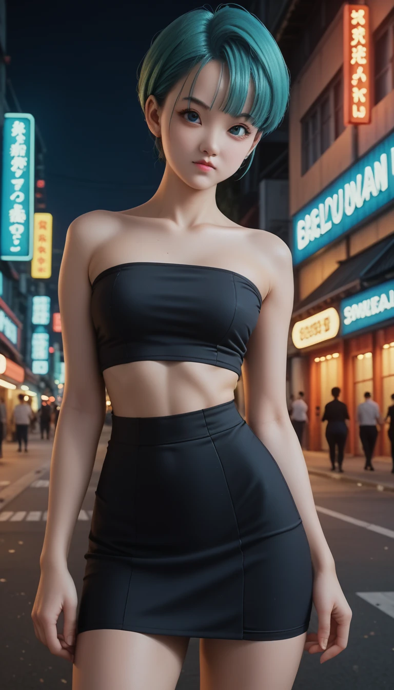  ,     a beautiful -yeld Jaese girl  ,               medium breasts, with healthy appearance ,  The expression would be       ,     tight clothes  , Bold poses ,                 detailed embroidery                ,            high quality, 8k,                 photorealistic              ,                 dramatic lighting           ,                 vivid colors                ,(                masterpiece                ,                  top quality                ,  :1.2),  (                    urban scene illuminated by neon lights                     ), (Alone:1.4), (              Elegant and cool            ),  (               Bright neon details                 :1.3), (               serious expression                :1.1), (               Confident and relaxed poses                   :1.3)   , (                dynamic lighting                ,   Strong contrast ), Cyberpunk ,  Dragon Ball anime character BULMA ,          blue hair   , Sensual,  , sexy clothes,
short clothes, short skirt, Tube top,. Tokyo night scene 