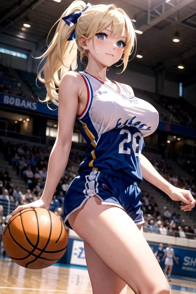 masterpiece,  top quality ,Ultra HD Explained,Full HD,16k,   Super Resolution ,  accurate human body, correct human anatomy ,relax, smile,(( Arena, basketball court,One basketball)),((((I'm playing basketball:2.0,Having one ball)))),   one woman:2.0,  Watch viewers,((blonde alone ,  long hair_  ponytail_Blue Ribbon, blue eyes,  Beautiful White Skin )),(  open your eyes, Sexy and attractive body  _  far beyond age:1.5,  Balanced Hands:1.6,  long legs  ) ((Abnormally large breasts_K-Cup_  beautifully shaped breasts )),((( basketball uniform_blue))), Japanese,Colours of the 90s,  cowboy shot showing shoulders, Active Angle , Focus on the chest:1.4.