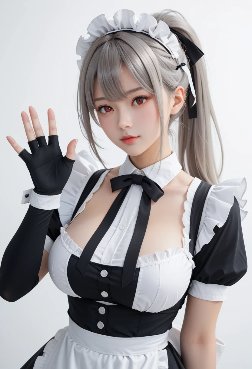 score_9,score_8_up,score_7_up,score_6_up, Zero_AS,1girl,breasts,solo,looking at viewer,long hair,maid headdress,large breasts,red eyes,grey hair,upper body,closed mouth,bangs,partially fingerless gloves,maid uniform,maid,waving,low ponytail, sexy thighs, (((nsfw))),  white_background,simple_background
