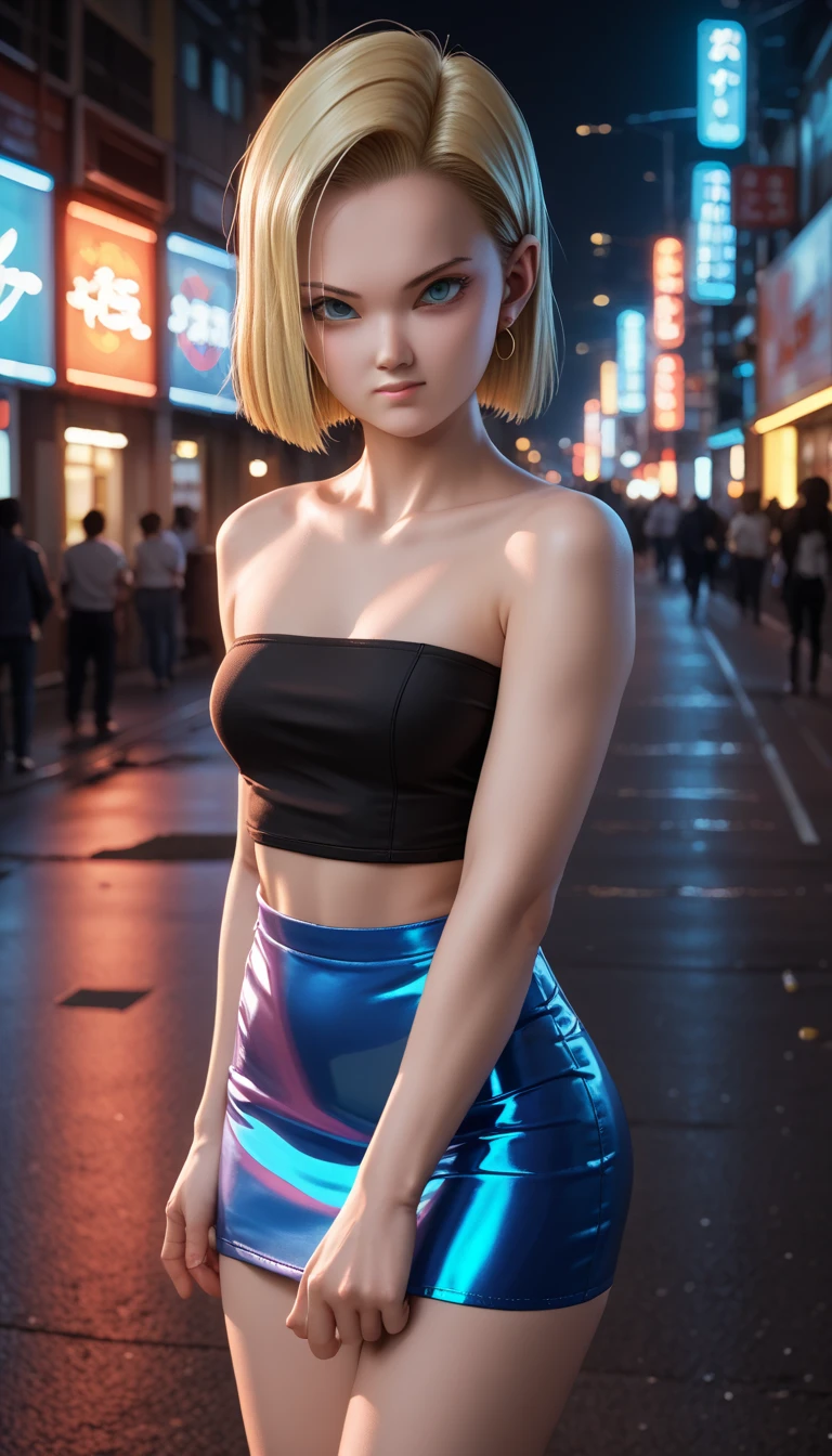  ,     a beautiful 16-year-old Japanese girl ,               medium breasts, with healthy appearance ,  The expression would be       ,     tight clothes  , Bold poses ,                 detailed embroidery                ,            high quality, 8k,                 photorealistic              ,                 dramatic lighting           ,                 vivid colors                ,(                masterpiece                ,                  top quality                ,  :1.2),  (                    urban scene illuminated by neon lights                     ), (Alone:1.4), (              Elegant and cool            ),  (               Bright neon details                 :1.3), (               serious expression                :1.1), (               Confident and relaxed poses                   :1.3), holographic clothes              , (                dynamic lighting                ,   Strong contrast ), Cyberpunk ,   Dragon Ball anime character ANDROID 18,           blonde hair    , Sensual,  , sexy clothes,
short clothes, short skirt, Tube top,.