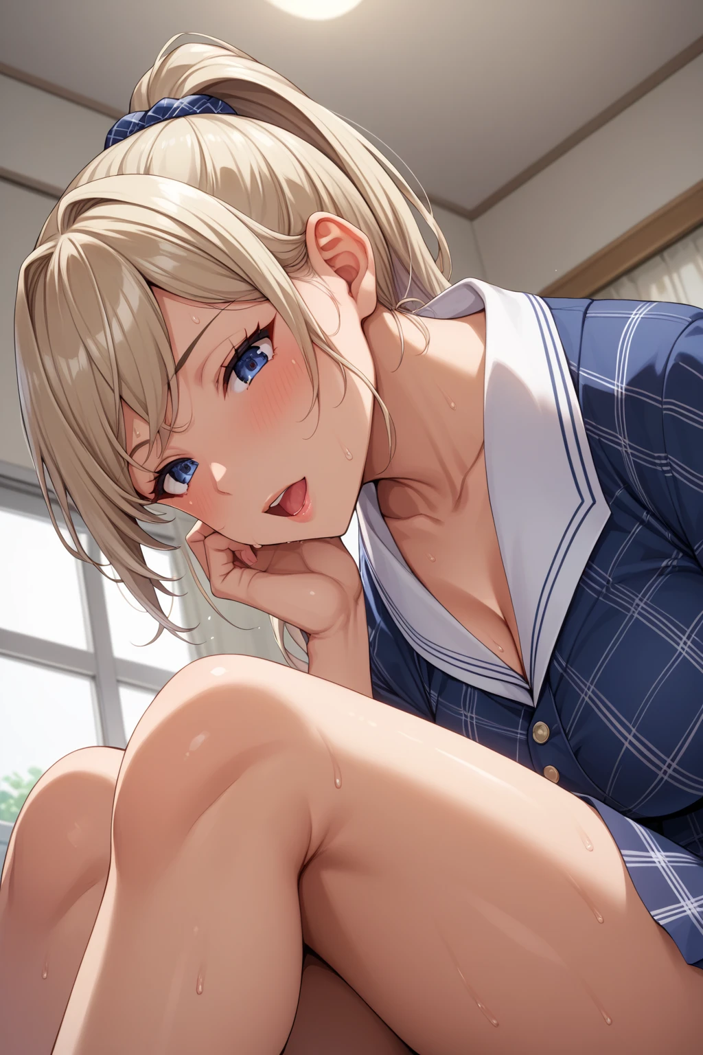 quality_masterpiece,   ANATOMICALLY CORRECT  ,   beautiful face,   perfect face, 非常に詳細な  beautiful faceと目,  brown skin、  attractive face  ,   detailed face  ,   delicate face,   detailed skin, huge breasts, Platinum Blonde Ponytail、   young woman, Animal pattern blake low angle view,  close up ,   Fully Clothed  ,   squats ,   crosses legs, Japanese moaning,Effect sound,sweat,