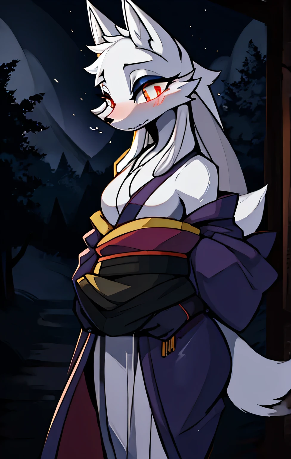 furry, top quality, masterpiece,Scary eyes 、one person、monster white lady fox 、Shy、plain dark gray kimono、An old kimono from a trip 、 in the woods on a pitch-dark night 