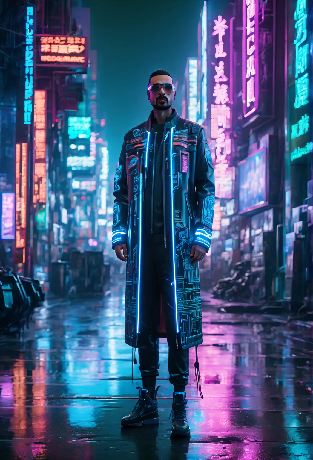 (masterpiece, 8K, UHD, high resolution: 1.4), (character wearing futuristic and technological clothing: 1.3), (cybernetic implants and a stylized look in neon tones: 1.3), (urban street full of neon signs and holograms: 1.3), (pose confident and vigilant: 1.2), (detailed and intricate cybernetic enhancements: 1.2), (background with vibrant and dynamic cityscape: 1.2), (glowing neon accents in blue, pink, and green: 1.2), (atmosphere of high-tech urban life: 1.3), (elements of sci-fi and cyberpunk: 1.2), (dynamic and immersive perspective: 1.3), (reflections of neon lights on wet pavement: 1.2), (detailed and intricate design: 1.3)