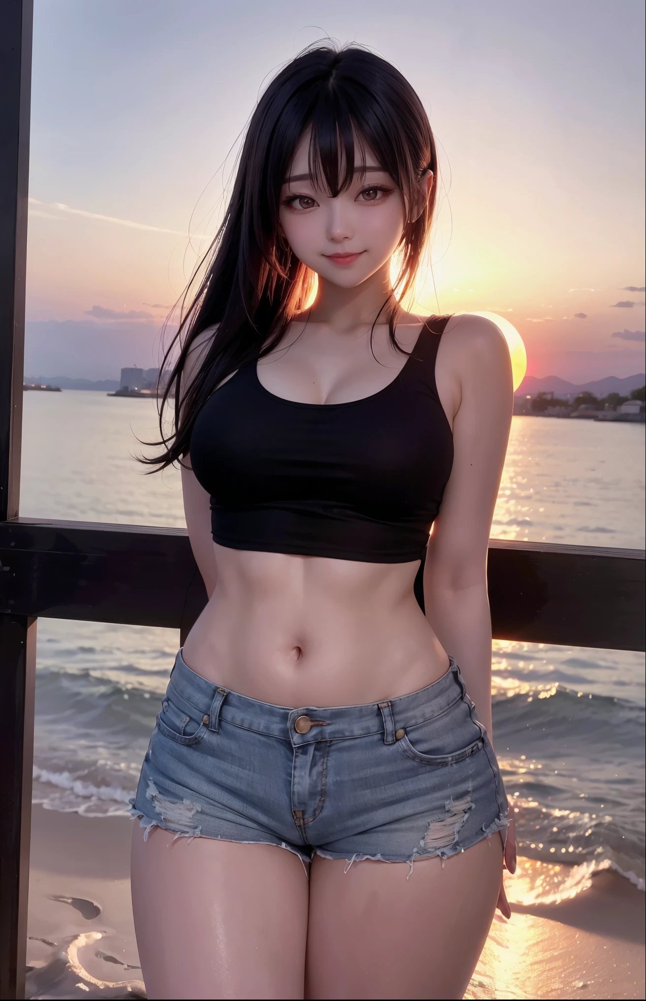  One girl , Photo Model, smile, Focus on viewers ,  beautiful lighting arranged in an orderly manner,  top quality , masterpiece,  super high res,  photorealistic,  black hair,  short tank top, Shorts, long stocking, medium breasts,  white skin,( Sunset Background:1.4)