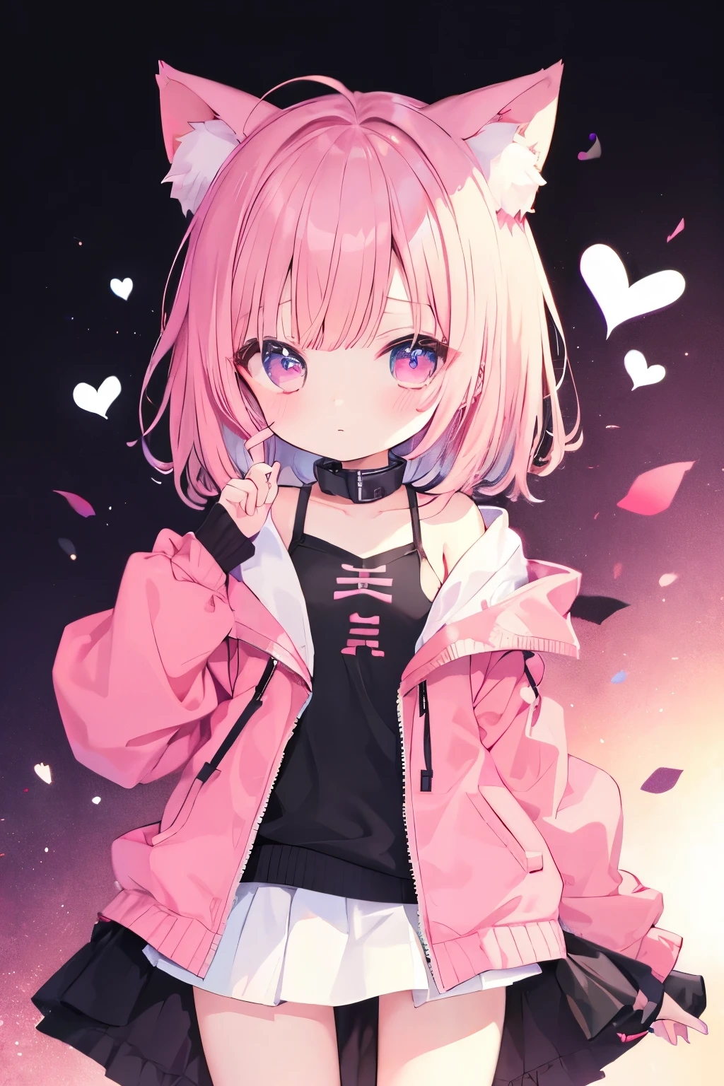 Cute, 1girl, pink hair ponytail, white hoodie, black skirt, see through pantyhose, smug, pink eyes with heart in it