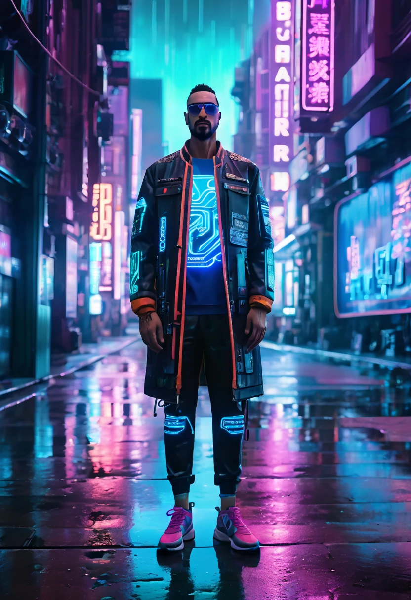 (masterpiece, 8K, UHD, high resolution: 1.4), (character wearing futuristic and technological clothing: 1.3), (cybernetic implants and a stylized look in neon tones: 1.3), (urban street full of neon signs and holograms: 1.3), (pose confident and vigilant: 1.2), (detailed and intricate cybernetic enhancements: 1.2), (background with vibrant and dynamic cityscape: 1.2), (glowing neon accents in blue, pink, and green: 1.2), (atmosphere of high-tech urban life: 1.3), (elements of sci-fi and cyberpunk: 1.2), (dynamic and immersive perspective: 1.3), (reflections of neon lights on wet pavement: 1.2), (detailed and intricate design: 1.3)