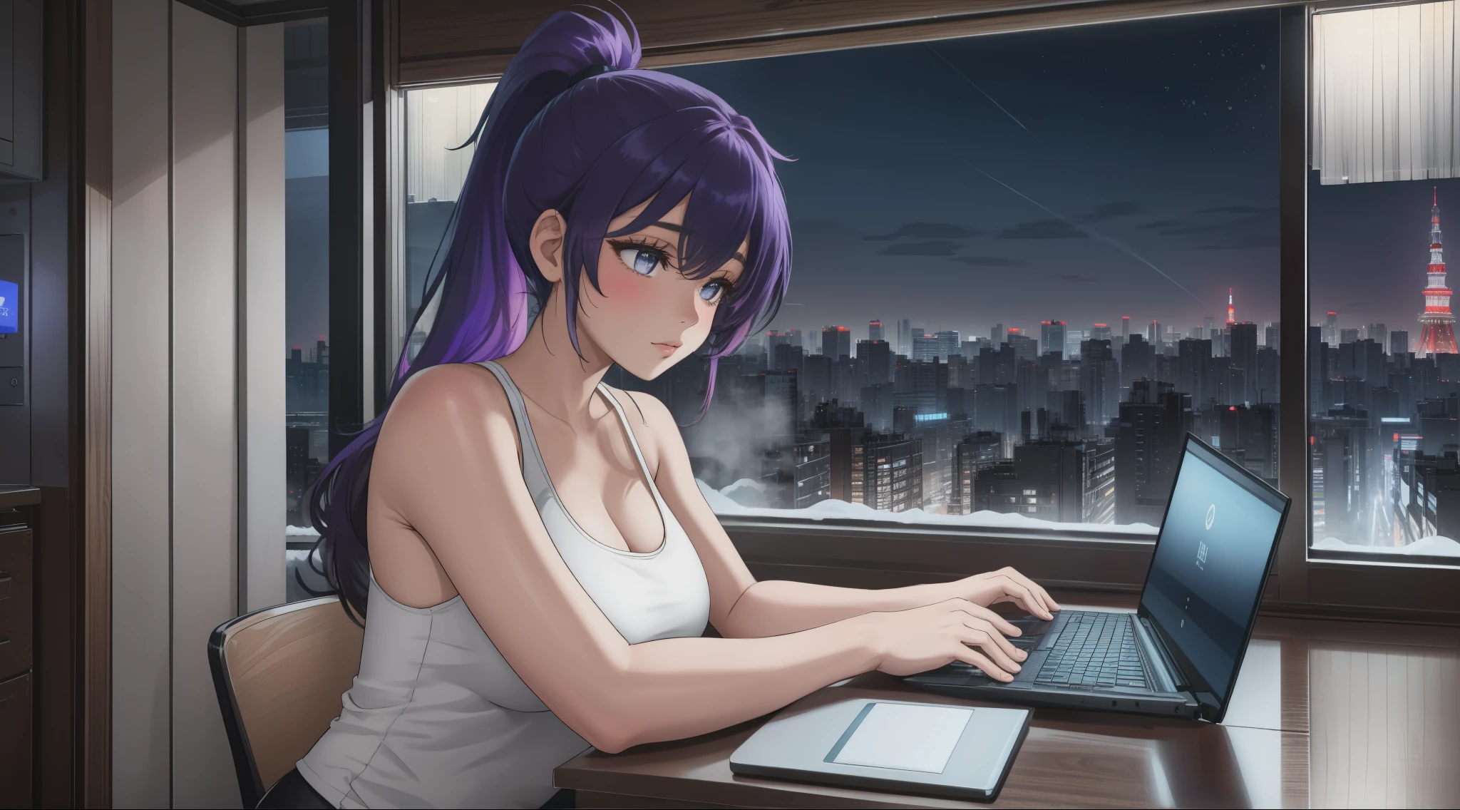 "A young woman with dark purple hair tied in a ponytail is sitting in front of a laptop, her hands actively typing as she focuses intently on coding. The camera angle captures her from the side, showcasing her white tank top and black leggings. The desk is tidy, with a steaming cup of coffee resting beside the laptop, sending soft wisps of steam into the cool air.

The background reveals a large window showcasing a snowy Tokyo night, where the city’s iconic skyline is illuminated by a blend of glowing neon signs and soft moonlight. Snowflakes gently drift down, blanketing rooftops and streets in white, while the faint outlines of Tokyo Tower and other landmarks add depth to the urban scene. The sheer curtains ripple slightly as a cold winter breeze sneaks in, creating a sense of movement and contrast between the warmth of the room and the chill of the snowy night outside.

The room is bathed in a soft, warm light from the laptop screen, reflecting off her determined expression. Her relaxed yet focused posture highlights her dedication, creating a serene yet dynamic atmosphere that merges the coziness of her workspace with the lively, snow-covered Tokyo backdrop."