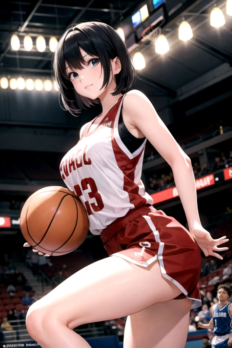 masterpiece,  top quality ,Ultra HD Explained,Full HD,16k,   Super Resolution ,  accurate human body, correct human anatomy ,relax, smile,(( Arena, basketball court,One basketball)),((((I'm playing basketball:2.0,Having one ball)))),   one woman:2.0,  Watch viewers,(( black hair,  short bob_Cover one eye,Black Eyes , Beautiful White Skin )),(  open your eyes, Sexy and attractive body  _  far beyond age:1.5,  Balanced Hands:1.6,  long legs  ) ((Abnormally large breasts_K-Cup_  beautifully shaped breasts )),((( basketball uniform_black and red ))), Japanese,Colours of the 90s,  cowboy shot showing shoulders, Active Angle , Focus on the chest:1.4.