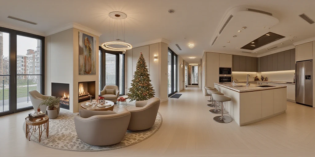 HDRI panoramic view of TOK, lisamy, a woman in a modern kitchen, chrismas tree, modern living room