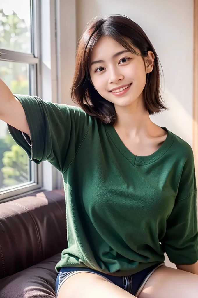 (masterpiece, best quality, perfect anatomy, highres, 8k, realistic, photorealistic, natural skin texture, no makeup:1.2), (morning:1.5), 1girl, solo, Japanese, age20, female gorgeous university student, very cute, (large breasts), charming smile, (stretching on her bed in a simple), cozy apartment bedroom, (She is sitting cross-legged, stretching her arms upward), The soft morning sunlight filters through the window, emphasizing her beautiful silhouette and relaxed morning look, (Casual and revealing outfit), peaceful and refreshing mood, jp idol, inugao