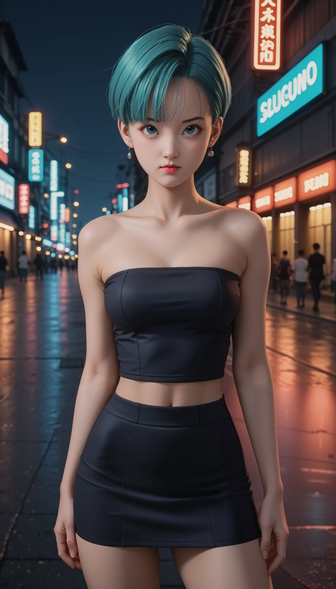 , a beautiful -yeld Jaese girl , medium breasts, with healthy appearance , The expression would be , tight clothes , Bold poses , detailed embroidery , high quality, 8k, photorealistic , dramatic lighting , vivid colors ,( masterpiece , top quality , :1.2), ( urban scene illuminated by neon lights ), (Alone:1.4), ( Elegant and cool ), ( Bright neon details :1.3), ( serious expression :1.1), ( Confident and relaxed poses :1.3) , ( dynamic lighting , Strong contrast ), Cyberpunk , Dragon Ball anime character BULMA , blue hair , Sensual, , sexy clothes,
short clothes, short skirt, Tube top,. Tokyo night scene