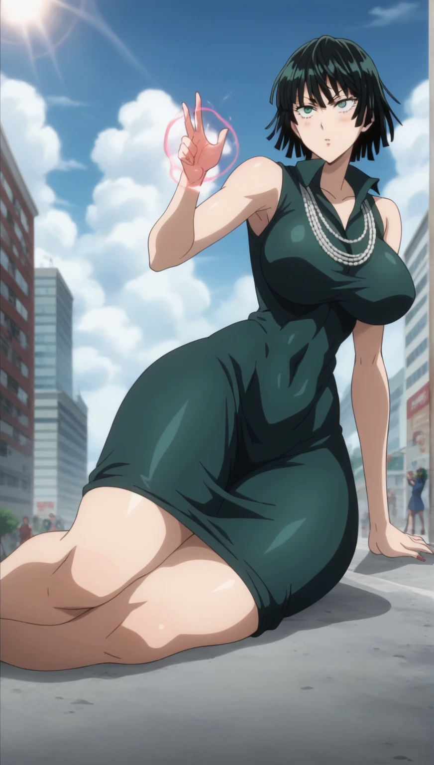 Prompt: (huge gigantic super mega hyper:1.2),(biggest round giant massive :1.2), (only one women) front view, fighting monsters, magic,city,sexy poses, source_anime,masterpiece,best quality,highres,absurdres,official art,official style,source_anime,anime screencap,anime coloring,megami magazine,anime,animated,explicit, shiny skin,large breasts,  black hair , fubuki ,one punch man,blush, side, on side,   fubuki,