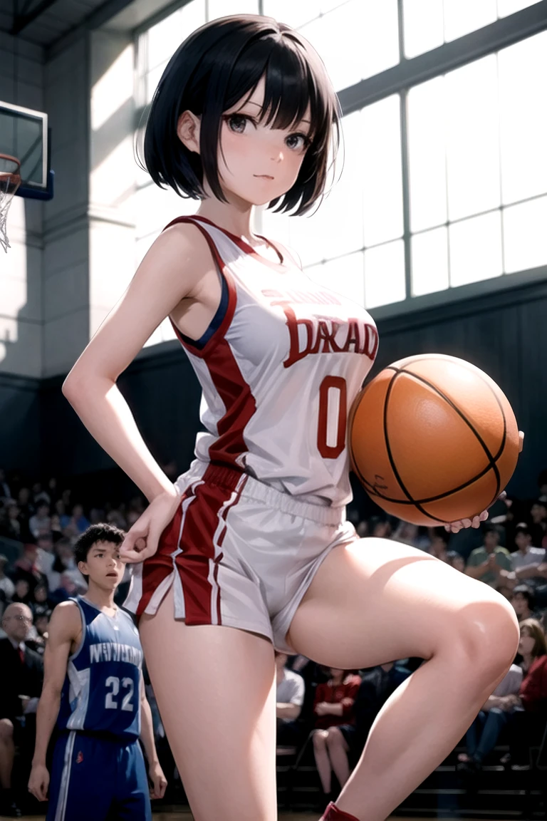 masterpiece,  top quality ,Ultra HD Explained,Full HD,16k,   Super Resolution ,  accurate human body, correct human anatomy ,relax, smile,(( Arena, basketball court,One basketball)),((((I'm playing basketball:2.0,Having one ball)))),   one woman:2.0,  Watch viewers,(( black hair,  short bob_Cover one eye,Black Eyes , Beautiful White Skin )),(  open your eyes, Sexy and attractive body  _  far beyond age:1.5,  Balanced Hands:1.6,  long legs  ) ((Abnormally large breasts_K-Cup_  beautifully shaped breasts )),((( basketball uniform_black and red ))), Japanese,Colours of the 90s,  cowboy shot showing shoulders, Active Angle , Focus on the chest:1.4.