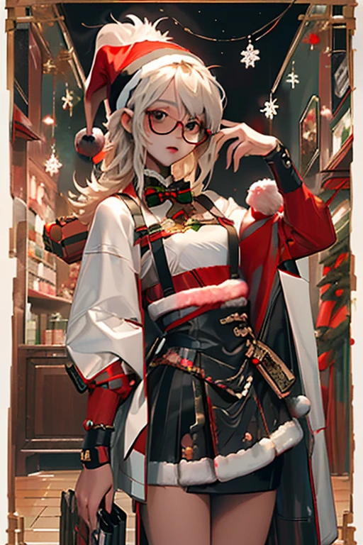 (( top quality )), ((傑 top quality 、masterpiece、High sensitivity、 High Definition 、 detailed description 、 Delicate Faces )),Slender woman、Glasses、 Christmas、 mini skirt Santa 、 cyberpunk、
