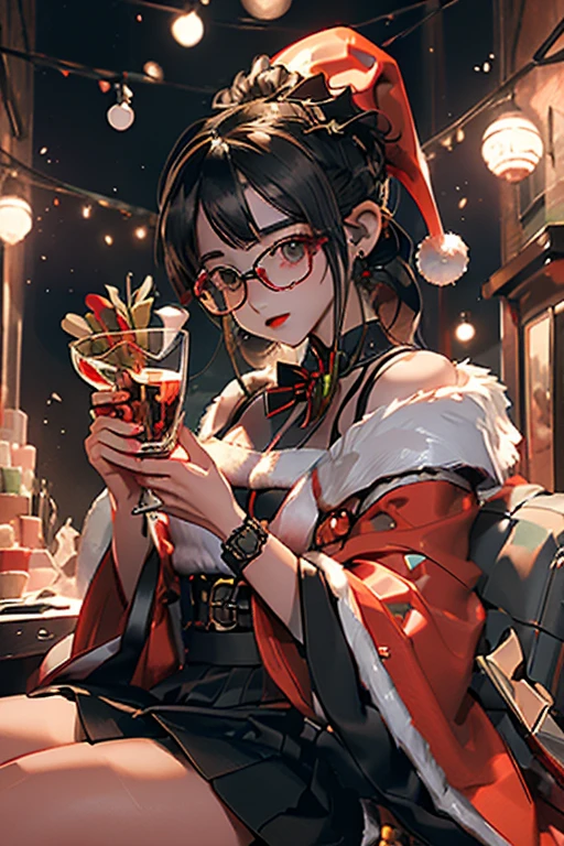 (( top quality )), ((傑 top quality 、masterpiece、High sensitivity、 High Definition 、 detailed description 、 Delicate Faces )),Slender woman、Glasses、 Christmas、 mini skirt Santa 、 cyberpunk、
