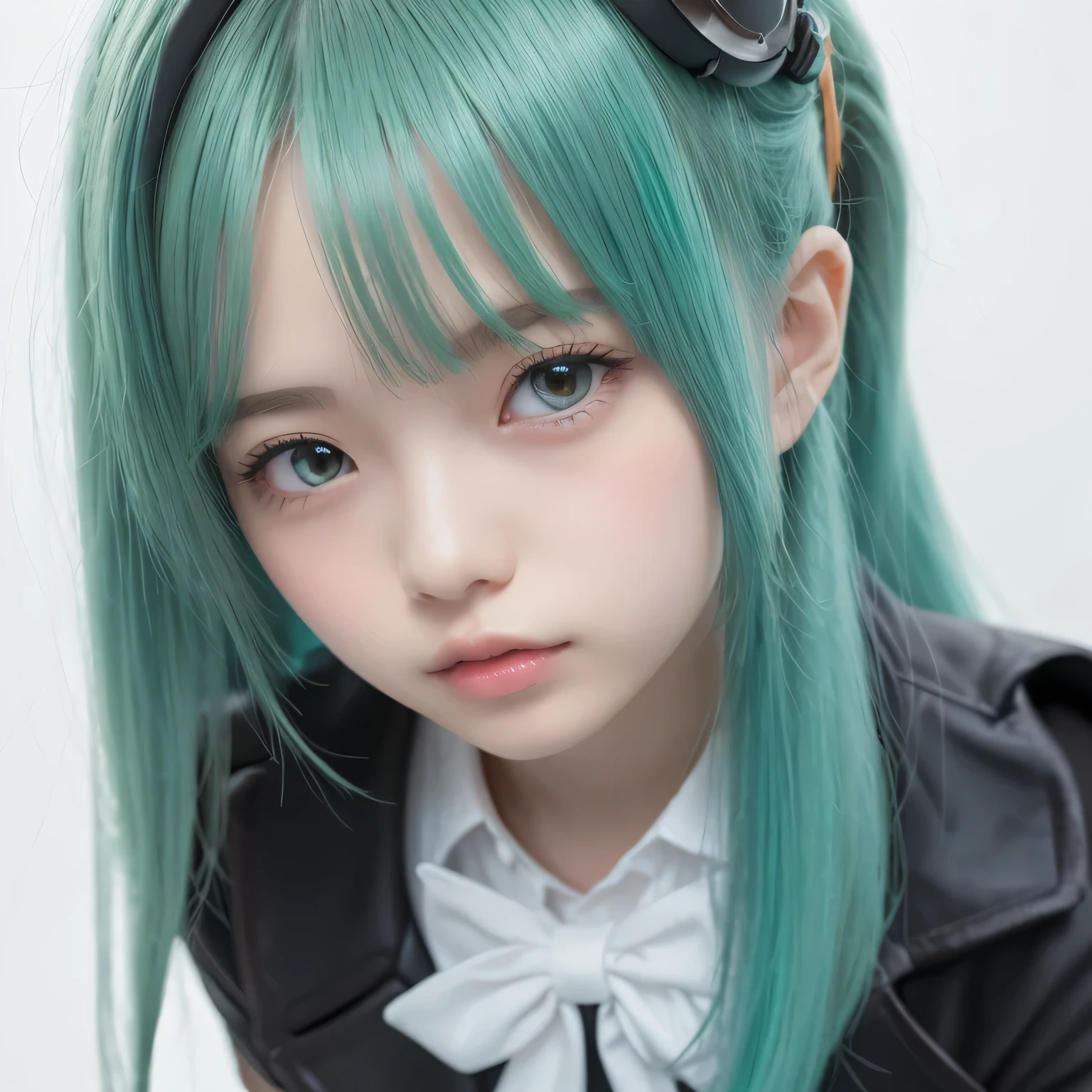 ((Live 2D))  masterpiece,  1 girl,  full body ,  standing straight , steampunk costume, uniform,  Watch viewers,  detailed face , girl with green  wave hair, bangs, ,  gradient hair ,  multi-colored hair , Light green hair, turquoise hair tips,  wave hair,  gradation eyes,  Orange Eyes , ( simple background, White background: 1.3)