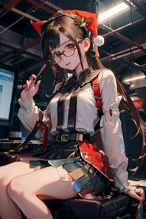 (( top quality )), ((傑 top quality 、masterpiece、High sensitivity、 High Definition 、 detailed description 、 Delicate Faces )),Slender woman、Glasses、 Christmas、 mini skirt Santa 、 cyberpunk、
