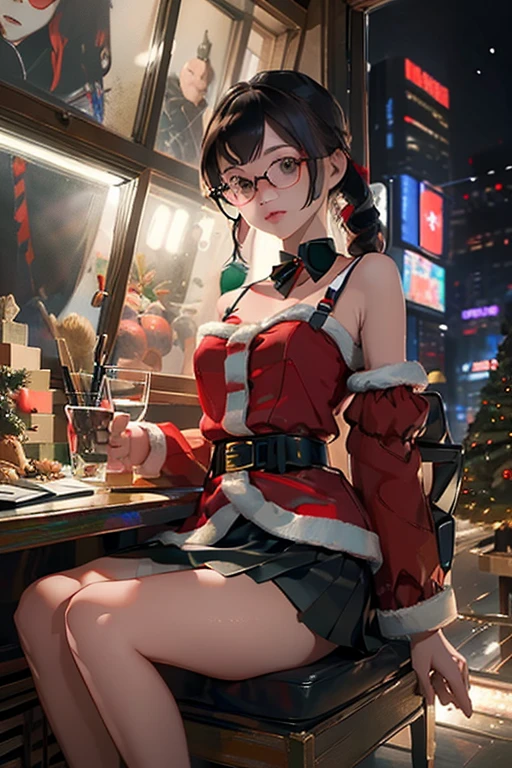 (( top quality )), ((傑 top quality 、masterpiece、High sensitivity、 High Definition 、 detailed description 、 Delicate Faces )),Slender woman、Glasses、 Christmas、 mini skirt Santa 、 cyberpunk、
