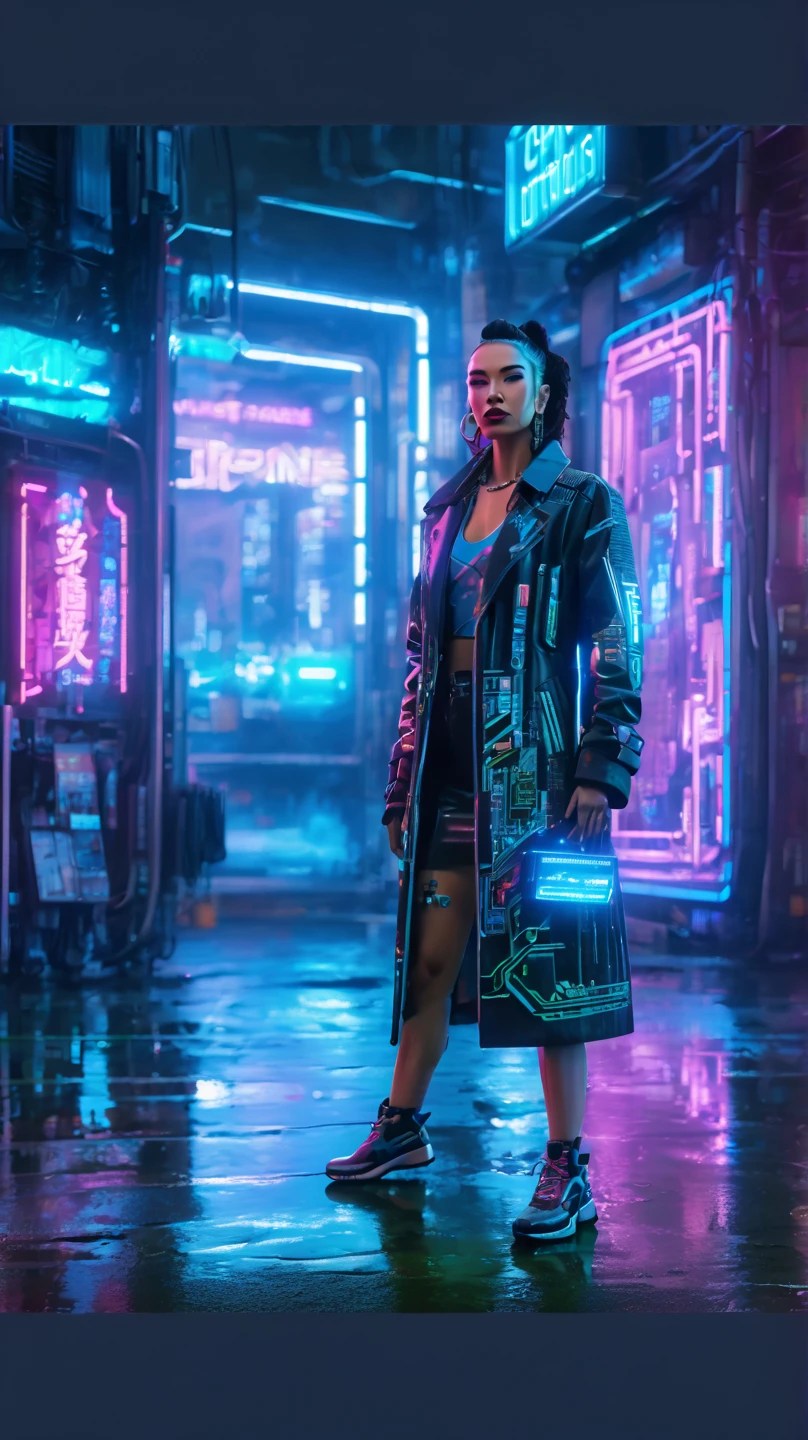 (masterpiece, 8K, UHD, high resolution: 1.4), (character wearing futuristic and technological clothing: 1.3), (cybernetic implants and a stylized look in neon tones: 1.3), (urban street full of neon signs and holograms: 1.3), (pose confident and vigilant: 1.2), (detailed and intricate cybernetic enhancements: 1.2), (background with vibrant and dynamic cityscape: 1.2), (glowing neon accents in blue, pink, and green: 1.2), (atmosphere of high-tech urban life: 1.3), (elements of sci-fi and cyberpunk: 1.2), (dynamic and immersive perspective: 1.3), (reflections of neon lights on wet pavement: 1.2), (detailed and intricate design: 1.3)