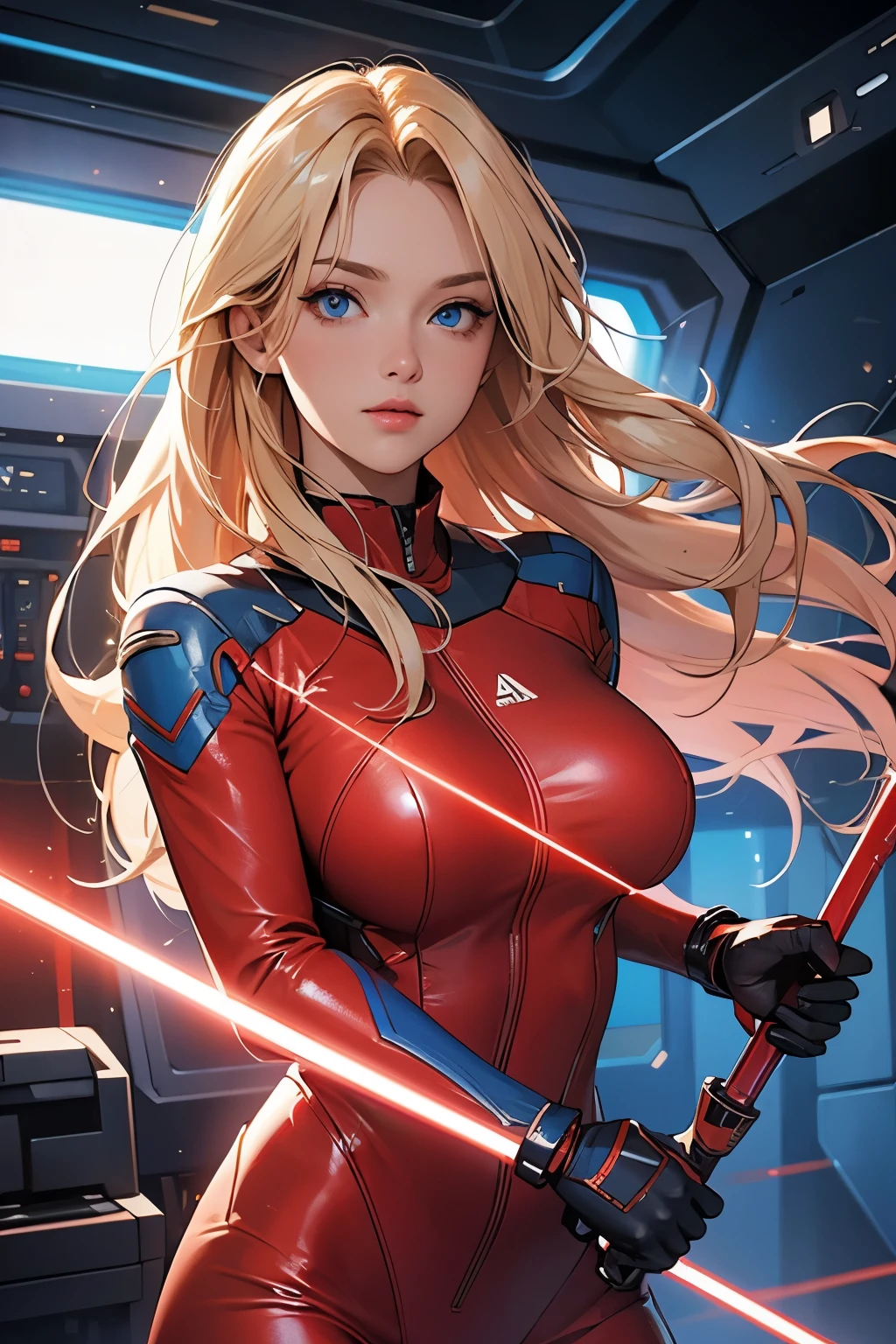 (masterpiece, best quality, ultra detailed, absurdres)1.5, 1girl, (sexy, beautiful woman, perfect face, perfect eyes, perfect female body)1.5, (AliciaViewstream, wavy hair, long hair, blonde hair, red eyes, mature female, milf, v-shaped eyebrows, red lips, extremely detailed clothes, red-black cape, smile, red elbow gloves, red thigh boots, red impossible clothes, ),very detailed, depth of fields。Create depth with atmospheric lighting,wide wide shot,detail,(Hyper-detailing),(Complicated details),(High resolution CGI artwork 8k),indoors, futuristic room, computers, monitors, holographic interface,