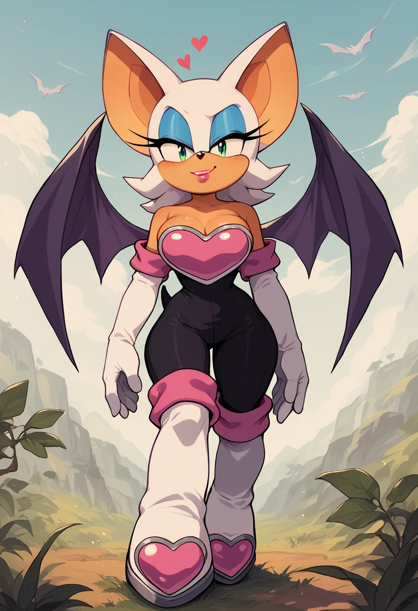 rouge, animal ears, bat ears, bat girl, bat tail, bat wings, eyeliner, furry, furry female, green eyes, makeup, tail, white hair, wings, eyeshadow, bare shoulders, boots, elbow gloves, gloves, heart, knee boots, white footwear, white gloves, outside, 