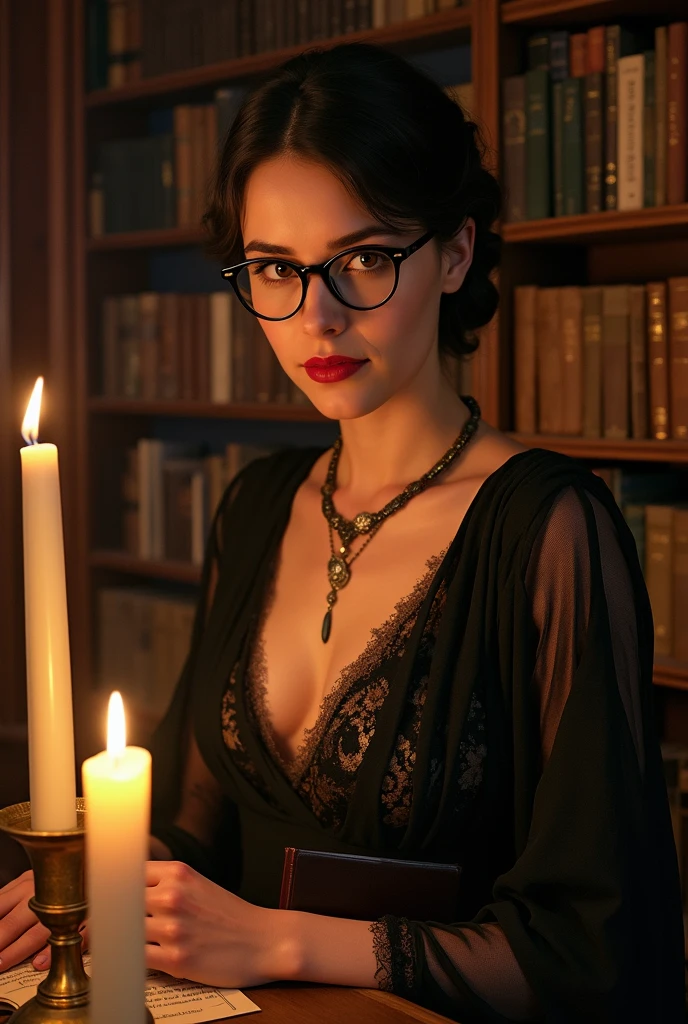 young woman witch short hair side bangs shaved pixcut short mohawk short black cut with Harry Potter glasses with 7 large cards open in a tarot fan in her hands holding the tarot cards close to her face long dress and long sleeves gothic gothic accessories witch sorceress with cards tarot