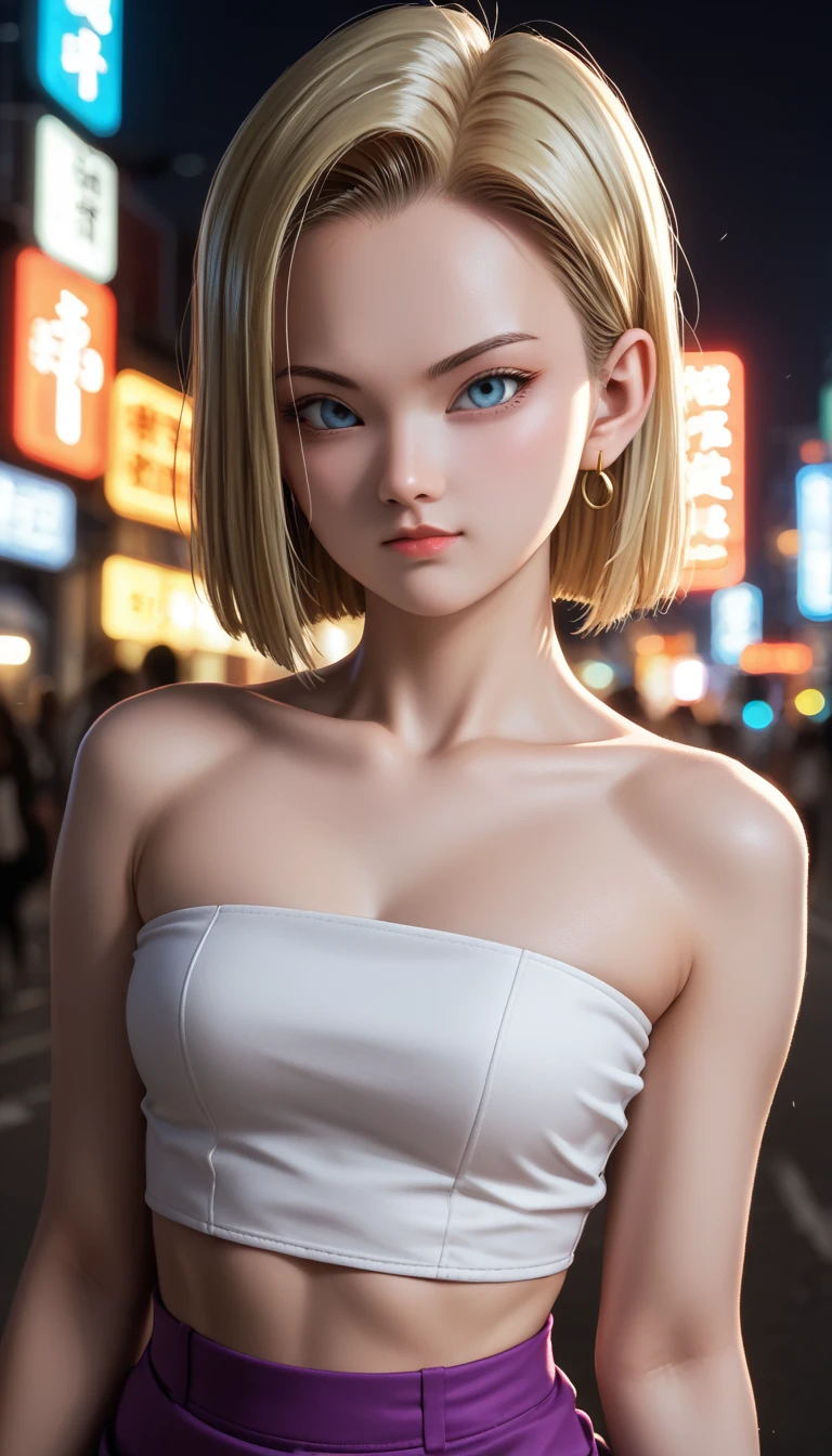  ,     A beautiful 16-year-old Japanese girl ,                medium breasts, with healthy appearance ,  The expression would be        ,      tight clothing  , Bold poses ,                  detailed embroidery                 ,             high quality, 8k,                  photorealistic               ,                  dramatic lighting            ,                  vivid colors                 ,(                 masterpiece                 ,                   top quality                 ,  :1.2),  (                    urban scene illuminated by neon lights                      ), (Alone:1.4), (               Elegant and cool             ),  (                Bright neon details                  :1.3), (                serious expression                 :1.1), (                Confident and relaxed poses                    :1.3)  , (                 dynamic lighting                 ,   Strong contrast ) ,    Dragon Ball anime character ANDROID 18,           blonde    , Sensual,  , sexy clothes,
short clothes, short skirt, Tube top,.