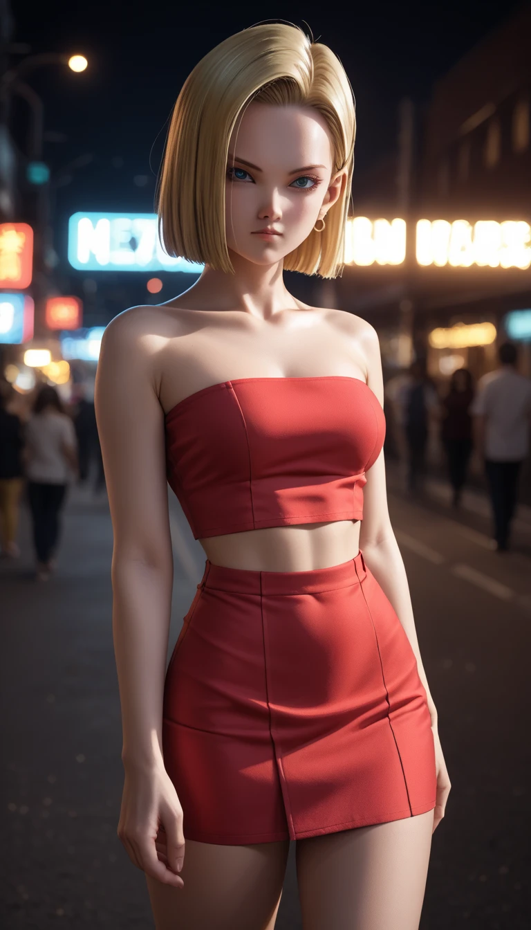  ,     A beautiful 16-year-old Japanese girl ,                medium breasts, with healthy appearance ,  The expression would be        ,      tight clothing  , Bold poses ,                  detailed embroidery                 ,             high quality, 8k,                  photorealistic               ,                  dramatic lighting            ,                  vivid colors                 ,(                 masterpiece                 ,                   top quality                 ,  :1.2),  (                    urban scene illuminated by neon lights                      ), (Alone:1.4), (               Elegant and cool             ),  (                Bright neon details                  :1.3), (                serious expression                 :1.1), (                Confident and relaxed poses                    :1.3)  , (                 dynamic lighting                 ,   Strong contrast ) ,    Dragon Ball anime character ANDROID 18,           blonde    , Sensual,  , sexy clothes,
short clothes, short skirt, Tube top,.