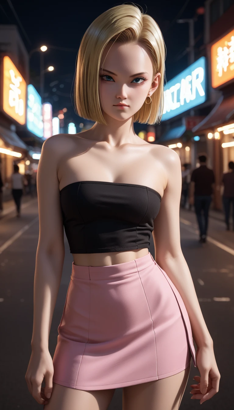  ,     A beautiful 16-year-old Japanese girl ,                medium breasts, with healthy appearance ,  The expression would be        ,      tight clothing  , Bold poses ,                  detailed embroidery                 ,             high quality, 8k,                  photorealistic               ,                  dramatic lighting            ,                  vivid colors                 ,(                 masterpiece                 ,                   top quality                 ,  :1.2),  (                    urban scene illuminated by neon lights                      ), (Alone:1.4), (               Elegant and cool             ),  (                Bright neon details                  :1.3), (                serious expression                 :1.1), (                Confident and relaxed poses                    :1.3)  , (                 dynamic lighting                 ,   Strong contrast ) ,    Dragon Ball anime character ANDROID 18,           blonde    , Sensual,  , sexy clothes,
short clothes, short skirt, Tube top,.