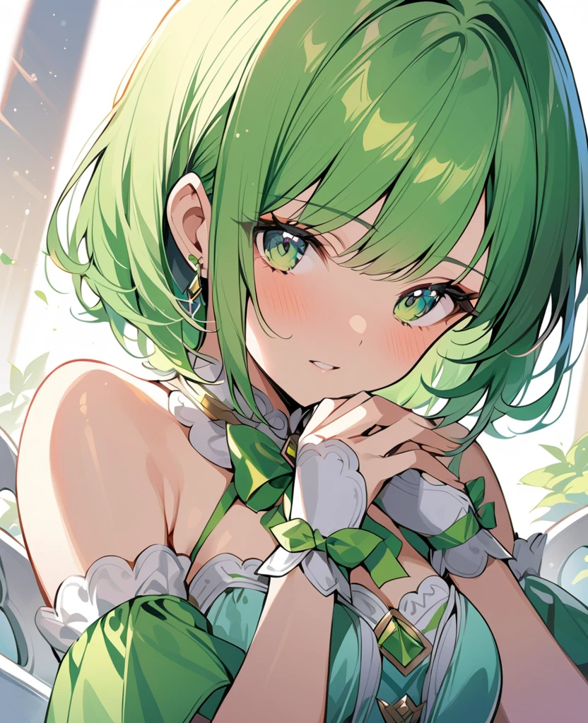 1 person, girl, top rated on pixiv, Masterpiece,Green Hair, short bob hair, green eyes,Princess,