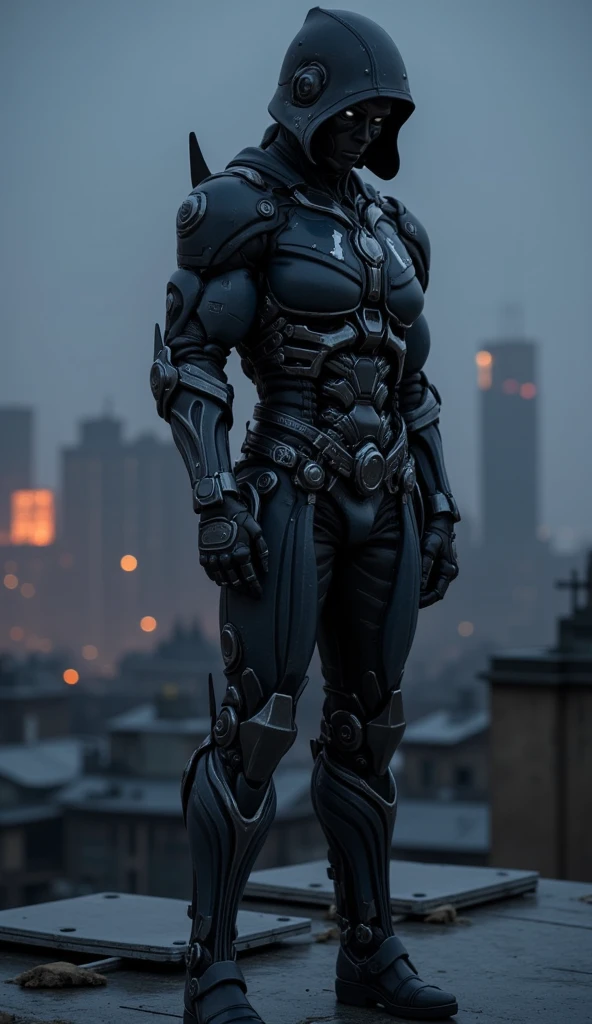 Full body image of a male wearing black leather、and a hood, Close-up of a hooded person in invisible armor . wears leather armor,  Tights.epic ninja suit, Rogue.Leather fit to cover the whole body. smooth leather .Boy Teenage Assassin , stealth suit ,  Cyberpunk assassin ,Standing on the roof of a skyscraper. black night . Dark atmosphere .Low light. striking lights cast dramatic shadows. Weird cyberpunk atmosphere . cyberpunk city.Futuristic tech style 