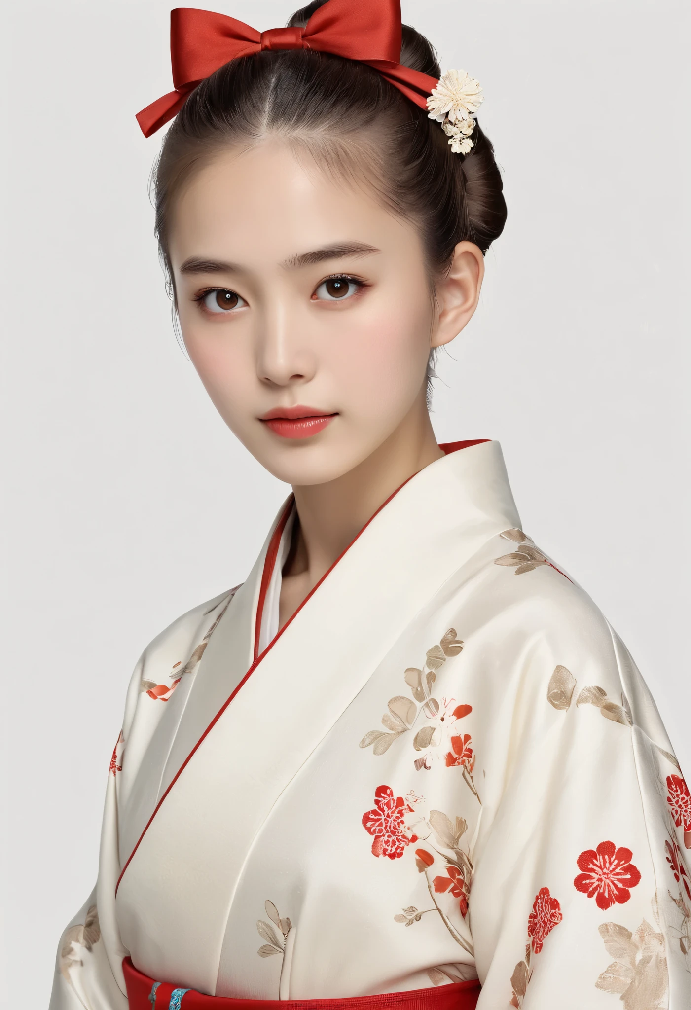 elegant young woman in traditional japanese attire, 1 girl, detailed face with brown eyes and hair, hair tied back with bow, wearing long kimono with red bow and mittens, on simple white background, intricate portrait, detailed rendering, photorealistic, 8k, high resolution, masterpiece, digital art