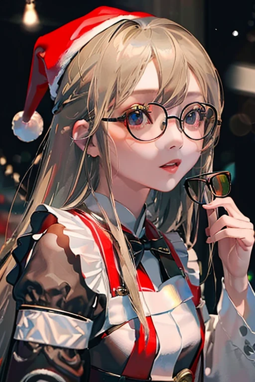 (( top quality )), ((傑 top quality 、masterpiece、High sensitivity、 High Definition 、 detailed description 、 Delicate Faces )),Slender woman、Glasses、 Christmas、 mini skirt Santa 、 cyberpunk、
