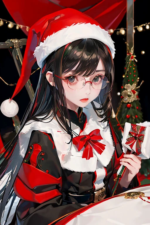 (( top quality )), ((傑 top quality 、masterpiece、High sensitivity、 High Definition 、 detailed description 、 Delicate Faces )),Slender woman、Glasses、 Christmas、 mini skirt Santa 、 cyberpunk、
