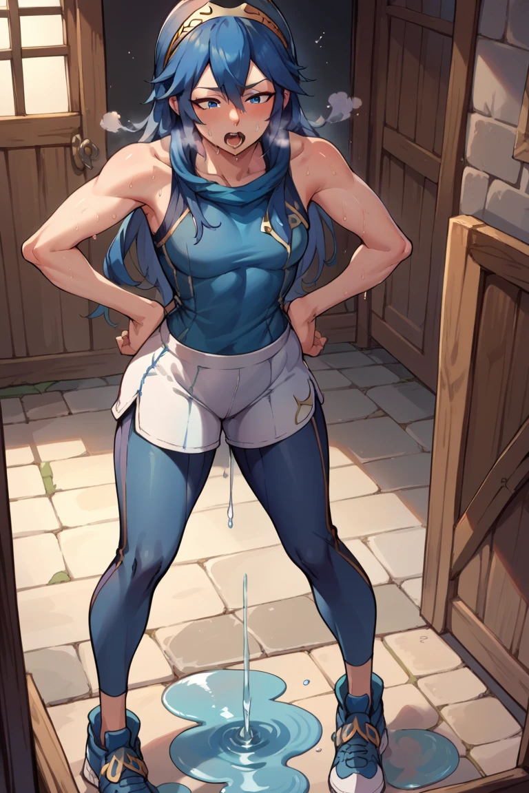 score_9, score_8_up, score_7_up, score_6_up, source_anime BREAK 1girl,  Lucina, dark blue tanktop, blue yoga pants, blue shoes, hands on hips, open mouth, out of breath, sweaty, sexy, exhuasted, steam coming out of her mouth, full body, puddle of sweat