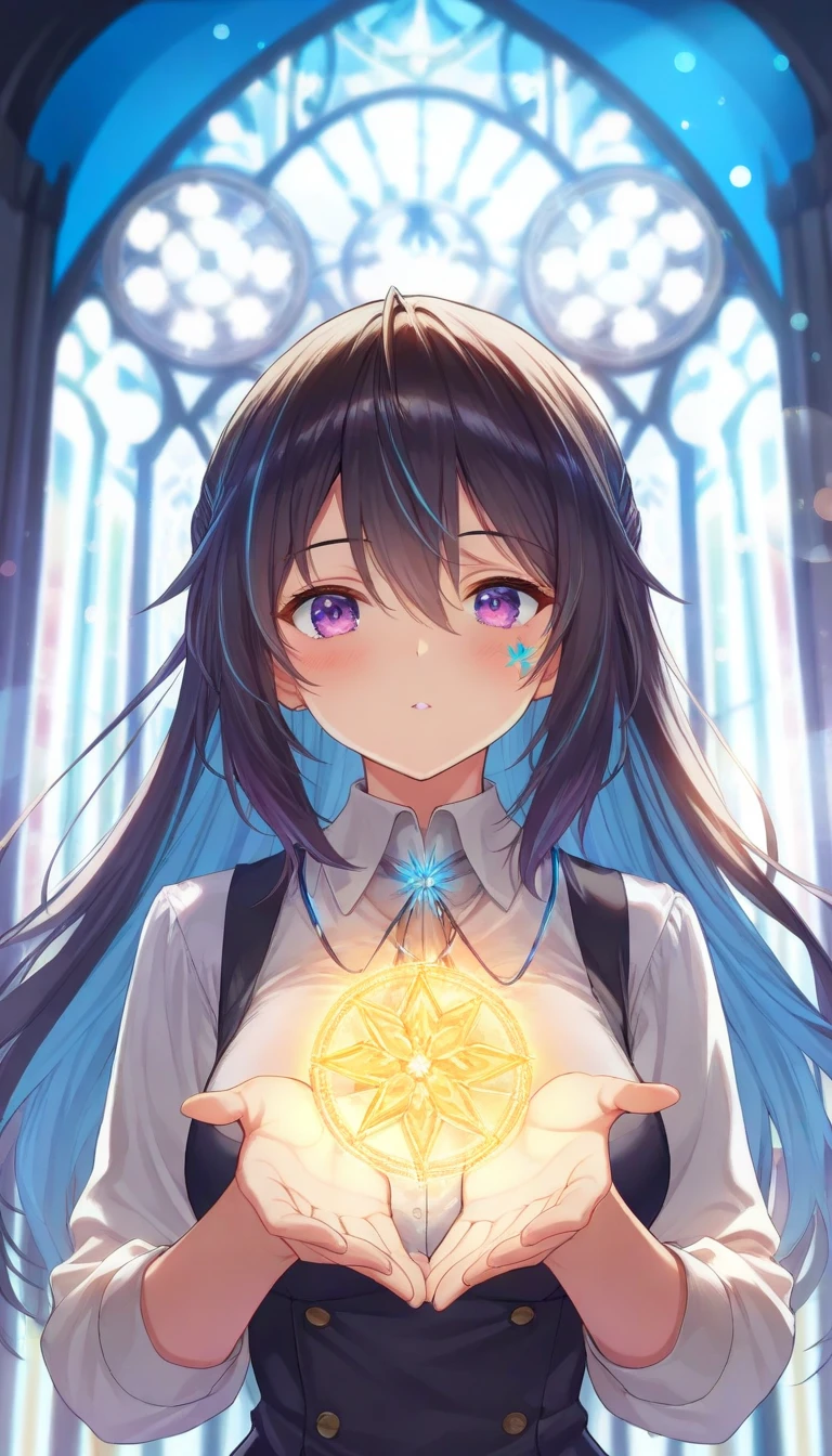 ((High resolution, accurate, Best Quality, masterpiece, Unity 8k wallpaper)), anime screenshots, female anime character with neon chains, Art of a female anime character with a glowing neon flower tattoo and chains spiraling all over her body, This scene with flowing hair has a nice soft focus effect, highlighting the magical glow of the tattoo, Please take a prayer pose, In the background is a stained glass church, bokeh, (soft focus):1.2, out-of-focus highlights, dreamy ambiance, glowing circles, mesmerizing depth, depth of field