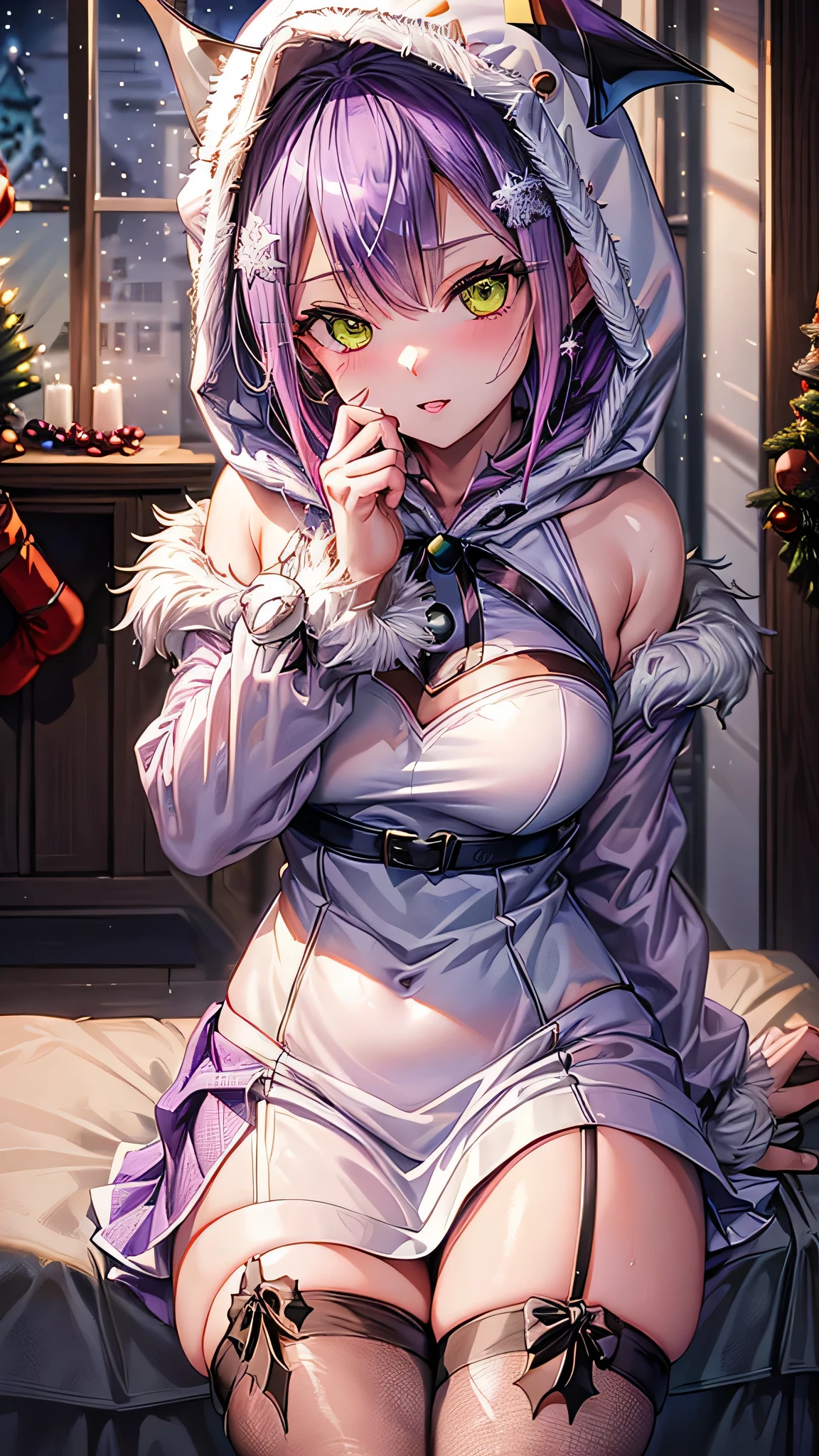 (highest quality)), ((masterpiece)), (Familiar), Perfect Face,Shiny skin,Beautiful breasts、Shiny skin、(((White-purple Santa  dress、mini skirt、garter、fish net tights、hoodie、fur jacket、)))、oil skin、Sweat、Off the shoulder、Double teeth 、short hair、Big Breasts、Embrace、winter、close、near、(((night)))、shooting STAR、candle、(((White unitard)))、(((Tokoyami Towa (Hololive). )))、(((Christmas)))、