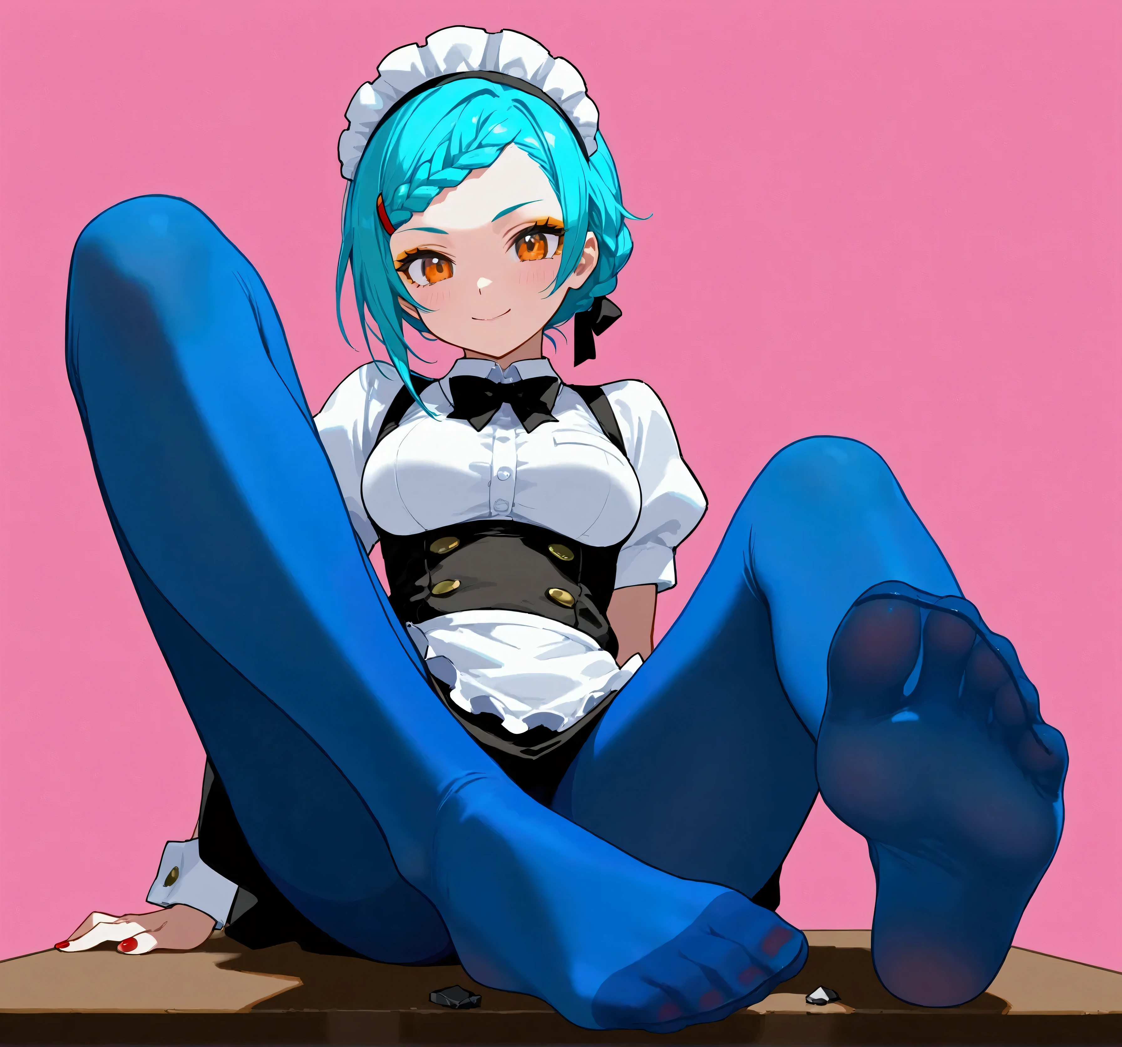 Fraction_9,Fraction_8_Direction_7_up, undyne from undertale, Shy expression,blush, Sharp yellow teeth, Eye mask, black eyes, yellow sclera, Wearing maid outfit, in the living room, Cross your legs, barefoot, 5 toes, Claws,Wearing white