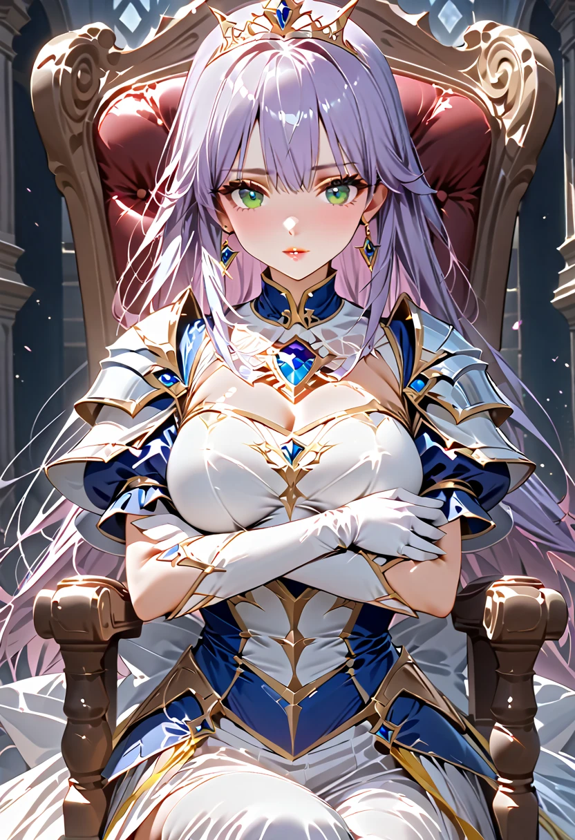 (Beautiful woman in a fantasy scene,  very detailed,  1 girl, ,  green eyes,  long hair, Purple Hair,  dress,  gloves, gem,  clevis on a stone,  princess, elbow  gloves,  tiara , brooch, white  gloves,  ADULT WOMEN ,  slim,  very beautiful in a chair ,  beautiful face, (((  blue and white armor that you want to be hugged right away , breastplate, Shiny Armor:1.2))),  holding a bow,  gold earrings, Grey Hair,  green eyes,  pink lips, whole body)