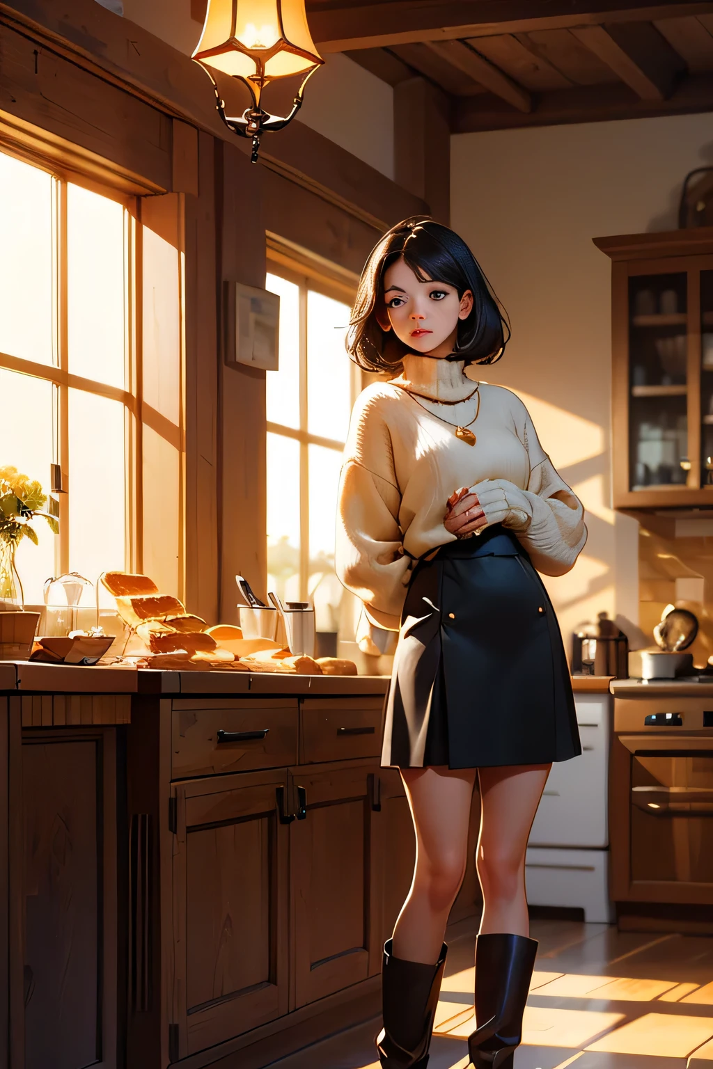 (ultra realistic,32k, masterpiece:1.2),(high detailed skin:1.1),( high quality:1.1),
detailed hair,
intricate detail,
(detailed realistic background:1.3),
realistic lighting,
[cinematic lighting|sunset lighting],
masterpiece,
high quality,
32k,
hyperrealism,
soothing tones,
muted colors,
high contrast,
soft light,
sharp,
artistic photoshoot, senior,cute,slender,european, eyes,pale cheeks,square face shape with angular jaw,natural "no-makeup" makeup,detailed hair,small breasts,legs, perfect fingers,black stockings,wearing 90's inspired clothing, including Wrap-style Aran sweater worn over a bodycon skirt and heels and slim-fit bottoms ,Jet Black blunt cut hair,
Open Kitchen Concept: The cafe features an open kitchen concept, allowing customers to witness the culinary magic happening behind the scenes. A glass partition separates the kitchen from the seating area, enabling guests to observe the chefs in action.