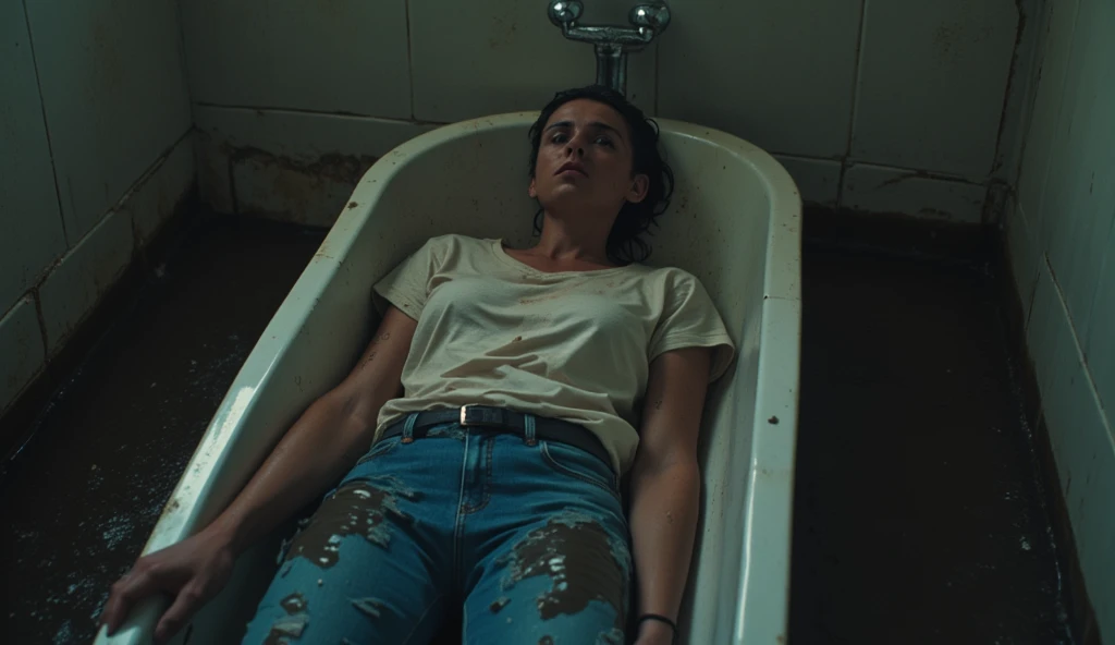 jeans Covered in mud ,Bob haircut, detailed eyes and face,  An expression of despair  ,t-shirt, dark and gloomy lighting ,desperation,bathroom,drowning laying under sludge in the bottom bath ,sick faded mid-aged woman, wetlook