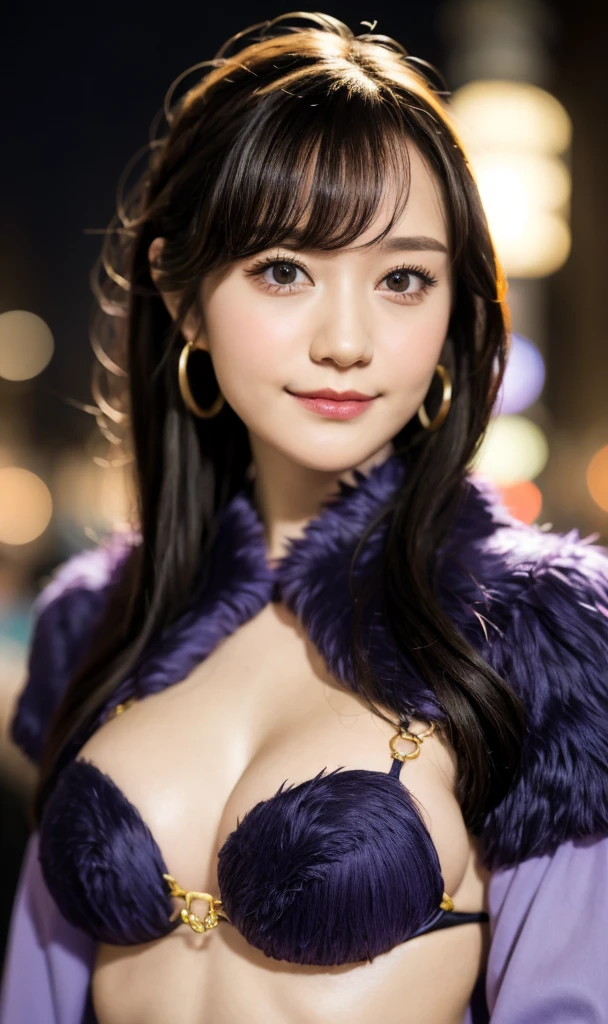  girl walking down the street , Night City, Rainy Street Background,  Crowd in the background,   on clevis stone , (Colossal :1.5),   beautiful face,   beautiful lips,   Purple Bikini  , mashdbc,    elbow gloves  , gloves with fur   ,    fur fringed legwear  ,   fur collar  ,   ãã¼ ãàâã³  , O-ring,   purple gloves,   purple knee high ,   wolf ear, smile,   High Quality  , masterpiece,   Professional Writing ,  focused smoothness  ,   sharp, 8k wallpaper,   cute pose, Crowded background